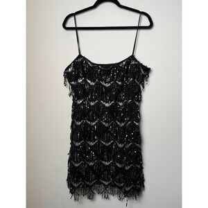 Showpo Shook Dress Black Sequin Fringe Mini Dress NWT Size 14 AU 18 US 14